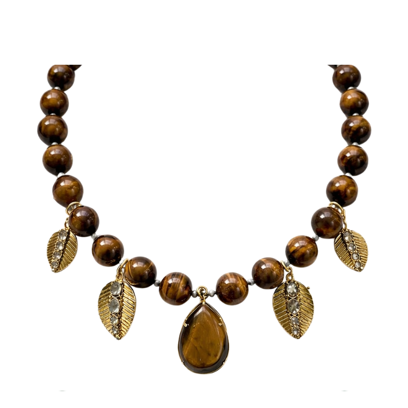 Colar Curto Pedra Natural Folhas