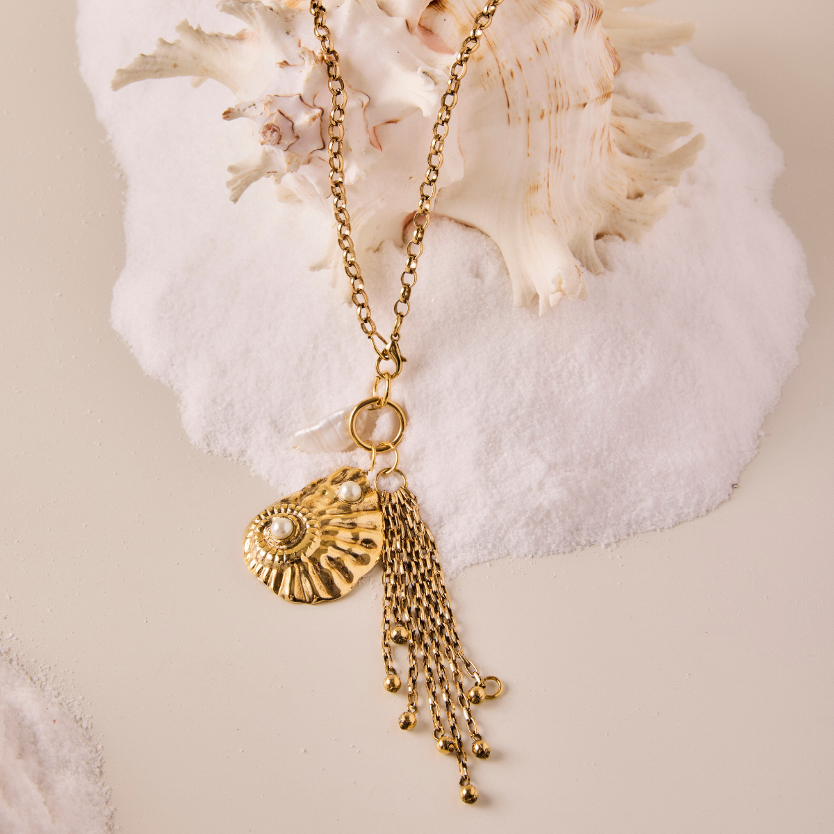 Colar Longo Tassel Caracol Pérola