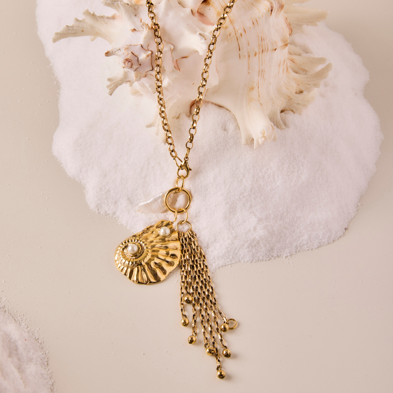 Colar Longo Tassel Caracol Pérola