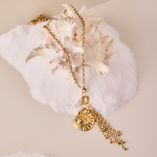 Colar Longo Tassel Caracol Pérola
