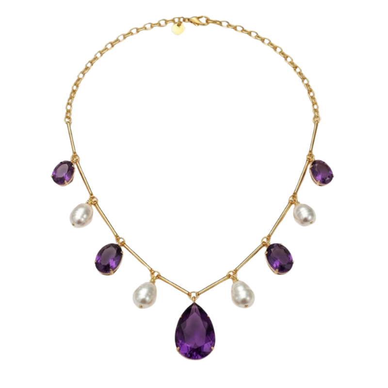 Colar Pérolas e Pedras Coloridas
