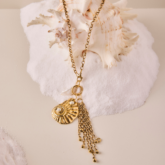 Colar Longo Tassel Caracol Pérola